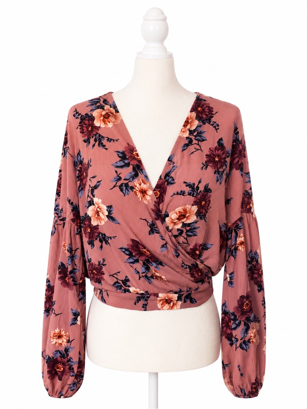 American Eagle Floral Wrap Crop Top Womens Small Boho Mauve Long Sleeve